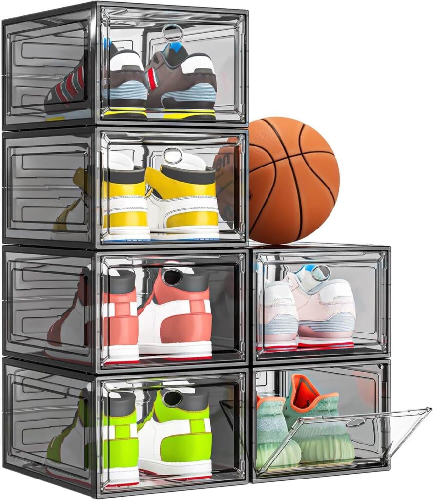 7 Code Black Stackable Shoe Storage Boxes – Set of 6 | Durable, Clear, and Easy to Assemble