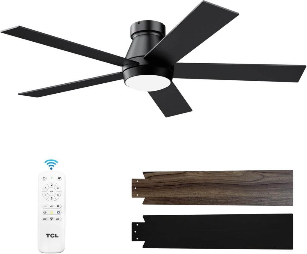 TCL 52-Inch Flush Mount Ceiling Fan with Light and Remote – Black/Walnut Finish