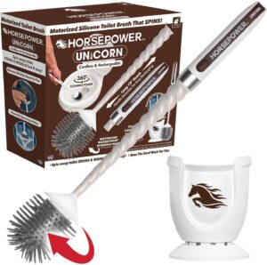 Brown Horsepower Unicorn motorized toilet brush, highlighting its spinning head for effortless cleaning.