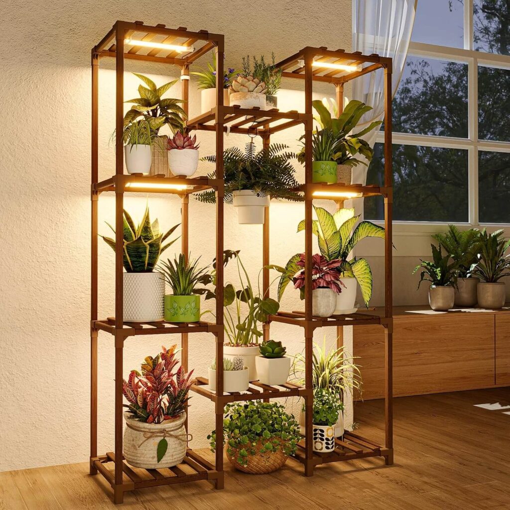 Bamworld Wooden Plant Stand with Grow Light (Brown, Warm Light)