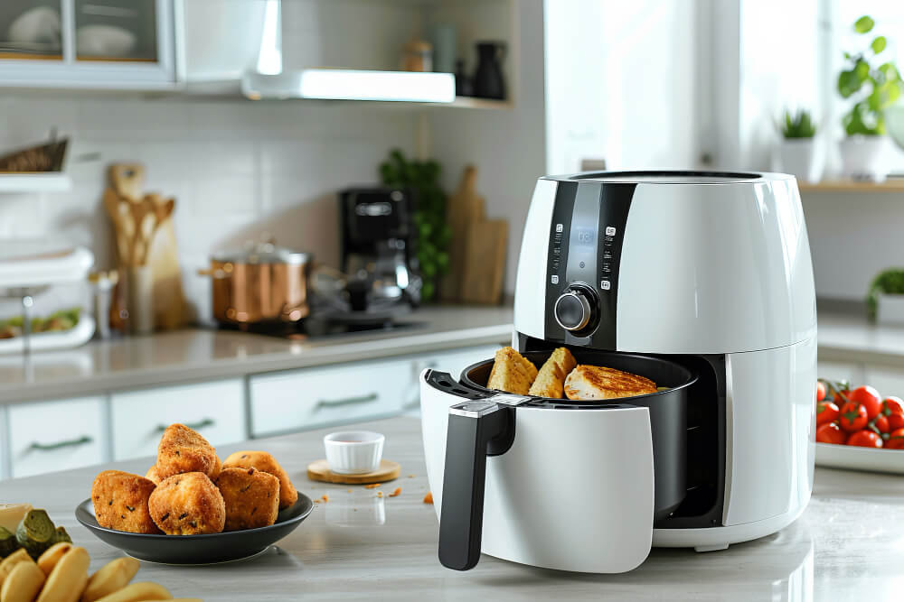 A modern digital best air fryer on a kitchen counter with cooked fries in the basket.