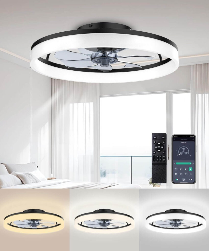AQUBT Low Profile Ceiling Fan with Light – Remote & APP Control, Quiet 6-Speed Motor (Black)