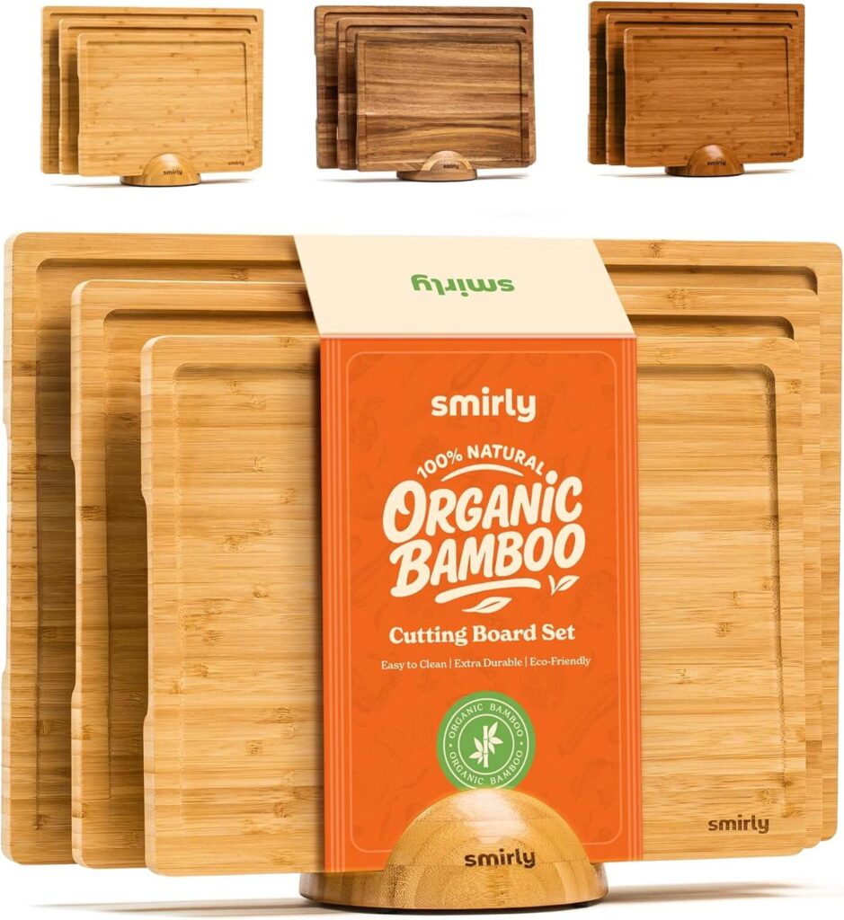 SMIRLY Bamboo Cutting Board Set – 3-Piece with Holder