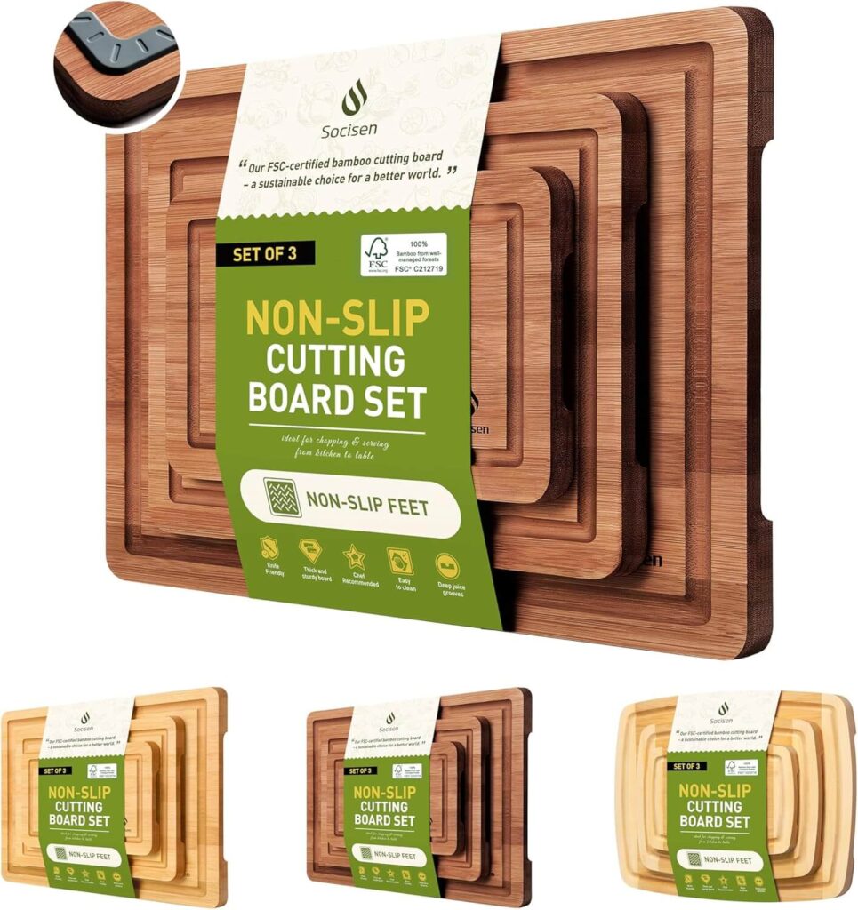 Socisen Bamboo Cutting Board Set – 3-Piece with Non-Slip Feet