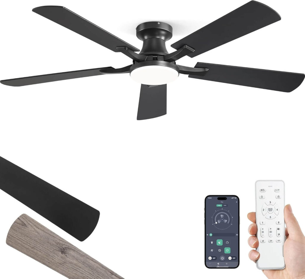ZMISHIBO 52-Inch Modern Ceiling Fan with Light – Quiet, Remote & App Controlled (Black)