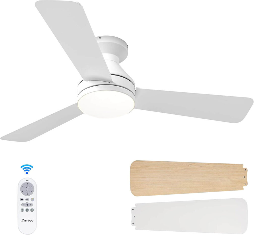 Amico 42-Inch Flush Mount Ceiling Fan with Light – Quiet, Remote Controlled, Reversible DC Motor (White)