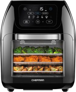 Black 10-quart air fryer oven with a large viewing window and digital touch screen controls, featuring a rotisserie function.