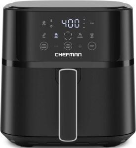 Sleek black Chefman 6-quart air fryer with a compact design, featuring a digital touch screen and a pull-out non-stick basket.