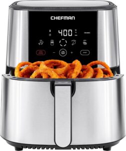 Stainless steel 8-quart digital air fryer with a black control panel and a large pull-out basket, designed for family-sized meals.