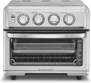 Stainless steel Cuisinart toaster oven and air fryer combo with multiple control dials, a large glass door, and a pull-out tray.