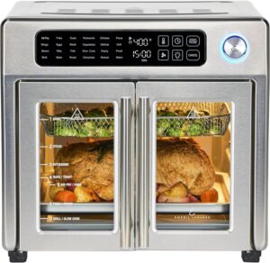 Stainless steel 26-quart air fryer and multi-cooker oven with elegant French doors, a large viewing window, and digital controls.