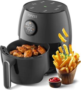 Compact black TOPZEE 2.1-quart air fryer with a sleek, minimalist design and a digital display, ideal for small spaces.