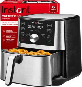 Stainless steel Instant Vortex 6-quart air fryer with a modern design, digital display, and a front-facing pull-out basket.