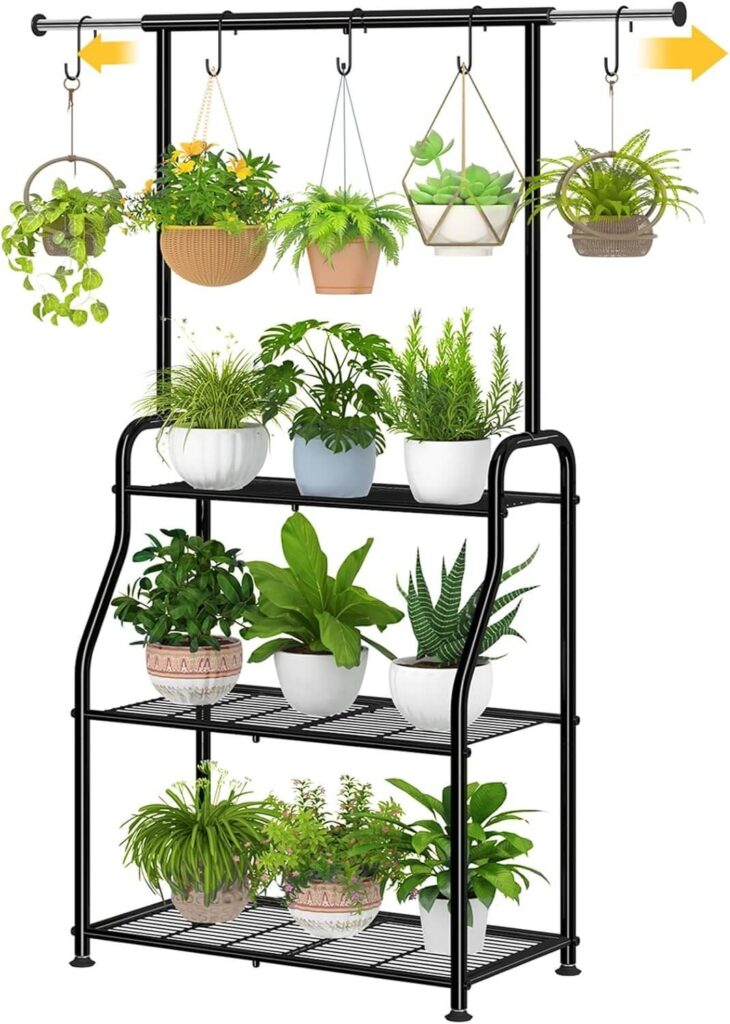 Simple Trending 3-Tier Metal Plant Stand with Expandable Hanging Rod