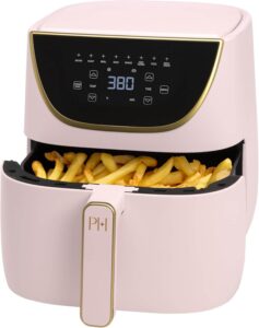 Stylish pink BELLA Pro 6-quart air fryer with a gold handle and an illuminated touchscreen display, showcasing its unique color.