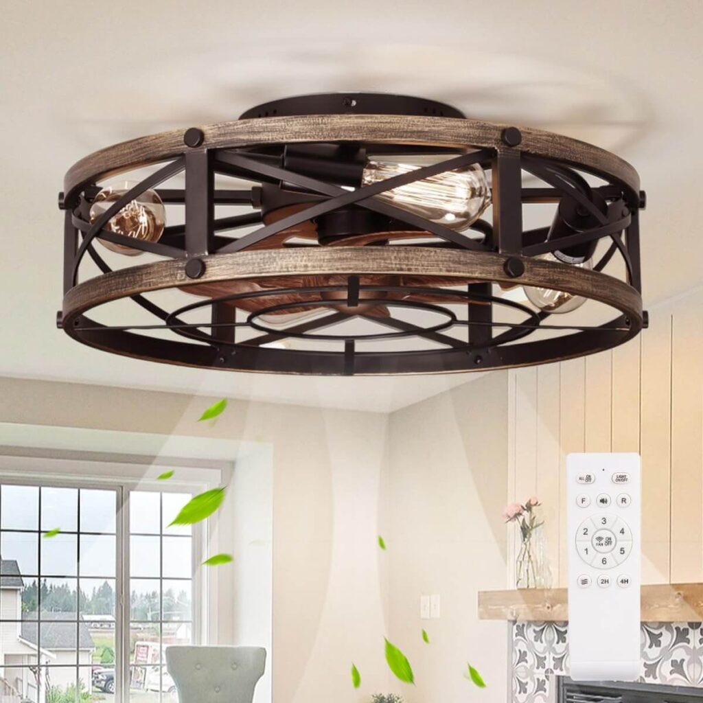 SHLUCE 19” Caged Ceiling Fan with Light – Modern Farmhouse Style with Remote (Black Gold)
