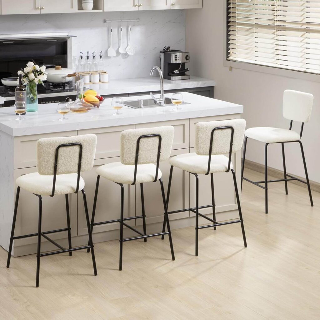 White Boucle Fabric Bar Stools – Set of 4