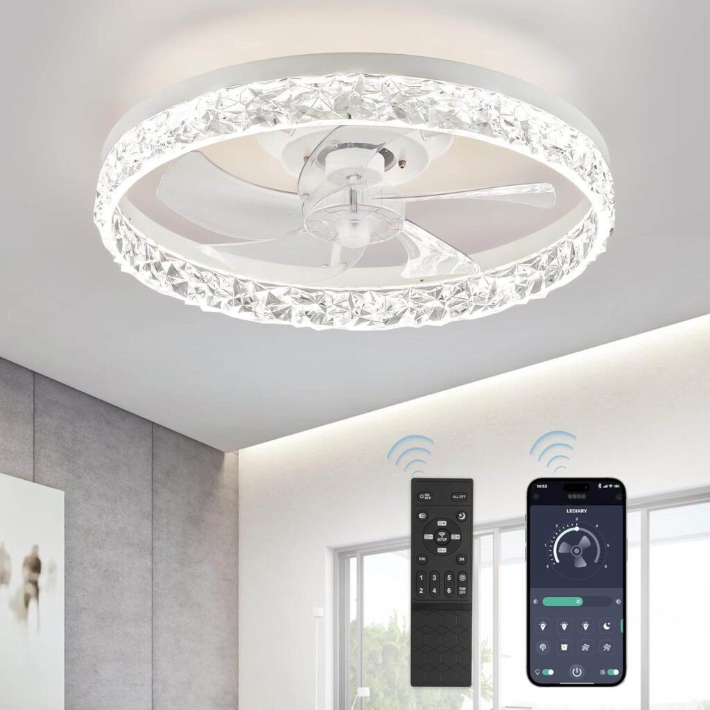 LEDIARY Low Profile Ceiling Fan with Light – Crystal Style, White