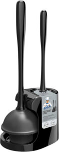 Black MR.SIGA 2-in-1 toilet plunger and brush combo in its dual-compartment holder, showing both tools ready for use.