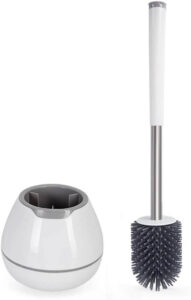 White BOOMJOY toilet brush and holder set, showcasing the sleek aluminum handle and hinting at the hidden tweezer feature.