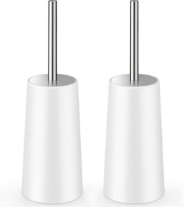 White Wsedor toilet brush with a long stainless steel handle, elegantly stored in its matching holder.