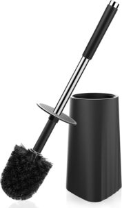 Black SetSail compact toilet brush with stainless steel handle, stored in its drip-free holder.