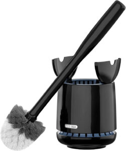 Black MR.SIGA toilet brush in its compact holder, showing the sleek design and hinting at its hygienic ventilation features.