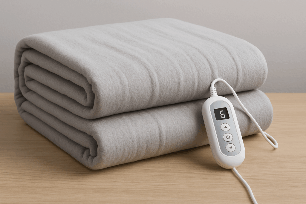 A black electric blanket draped over a sofa, featuring six heat settings and auto shut-off for safety and comfort