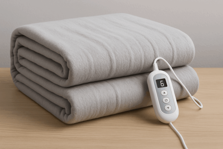 A black electric blanket draped over a sofa, featuring six heat settings and auto shut-off for safety and comfort
