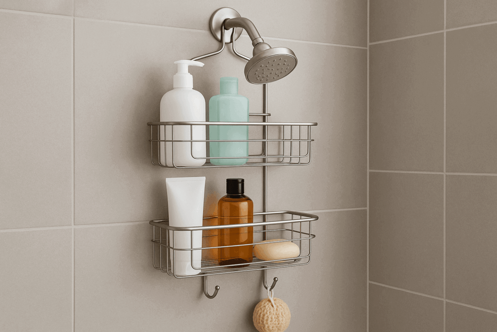 Wall-mounted stainless steel shower caddy for organizing bathroom essentials