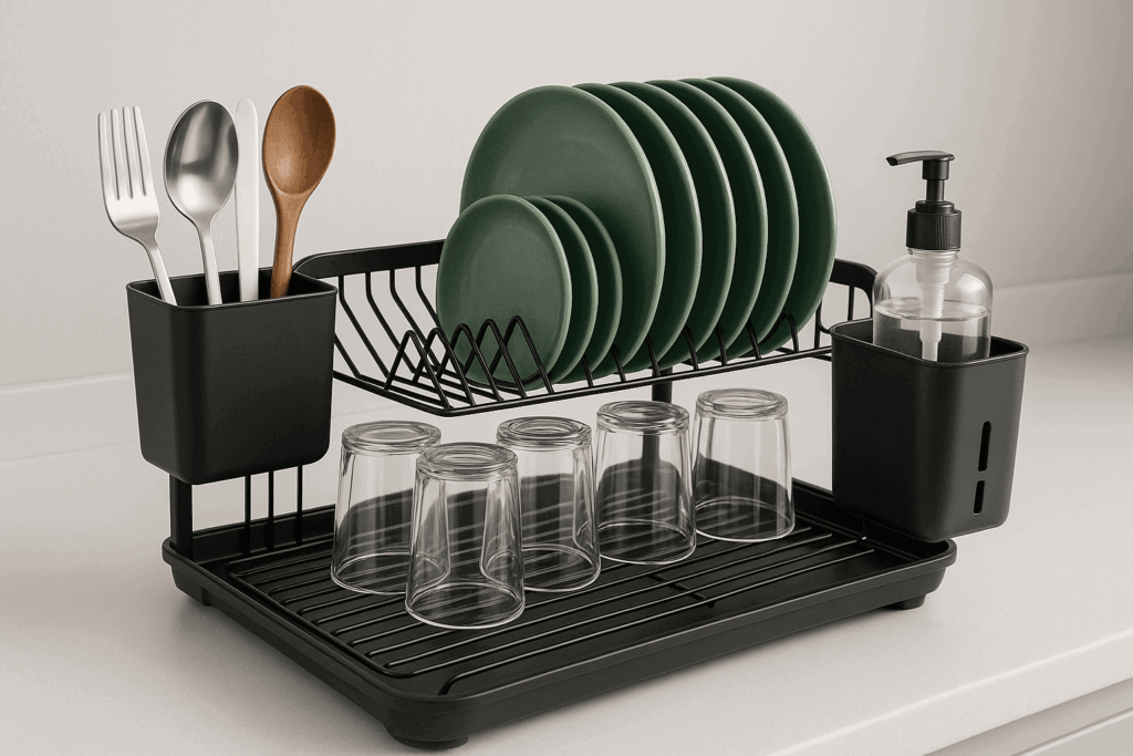 A sleek stainless steel dish rack placed beside the sink in a clean kitchen