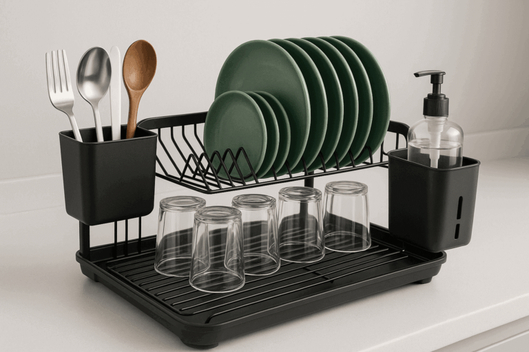 A sleek stainless steel dish rack placed beside the sink in a clean kitchen