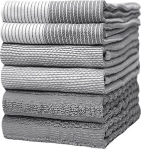 Soft and absorbent Bumble premium kitchen towels 6-pack in assorted colors with hanging loop and bonus tote bag.