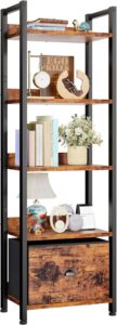 Slim and rustic Furologee 5-tier bookshelf with metal frame and fabric drawer for small spaces