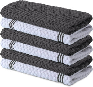 Infinitee Xclusives 100% cotton terry kitchen towels 6-pack in grey, ultra-soft and highly absorbent.