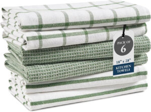 LANE LINEN 6-pack cotton kitchen towels in olive green with absorbent and quick-drying fabric.
