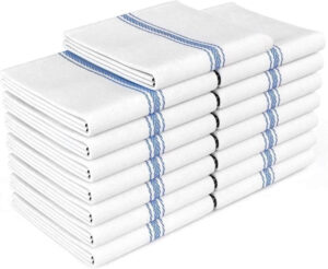 Zeppoli 15-pack classic cotton dish towels in blue stripe pattern, super absorbent and reusable.