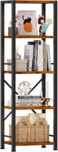 Compact and durable 5-tier rustic bookshelf with anti-tip design and waterproof shelves