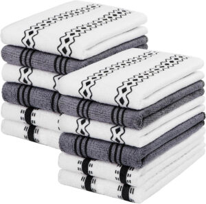 HOMEXCEL 12-pack microfiber cleaning cloths in white and grey, lint-free, scratch-free, and highly absorbent.