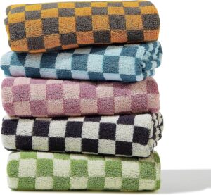Madi-Cadi 5-pack cotton hand towels with colorful checkered design, soft and absorbent for bathroom and kitchen.