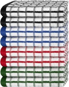 White Classic 8-pack premium cotton dish towels in multiple colors, thick and absorbent with hanging loop.