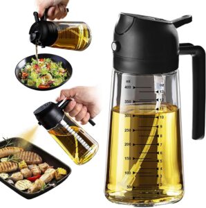TrendPlain 16oz olive oil sprayer with spray and pour function for air fryer, salad, and cooking – BPA-free glass bottle in black.