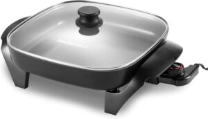 Elite Gourmet EG2212 ceramic electric skillet with PFAS-free non-stick coating and tempered glass lid, 12x12 inch, dark grey color