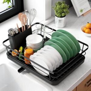 Space-saving Kitsure dish drying rack for small kitchens and RVs with stainless steel frame and detachable cutlery holder.
