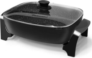 Elite Gourmet EG-6203 black extra deep electric skillet, 10.5 quart capacity with scratch-resistant non-stick surface and tempered glass lid