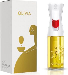FLAIROSOL OLIVIA premium oil sprayer with patented spray technology and golden leaves design – chef-trusted for precise cooking.