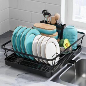 Rust-resistant Sakugi dish drying rack with swivel spout, anti-slip feet, and detachable cutlery holder.