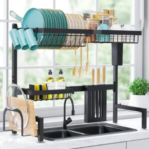Heavy-duty Sakugi over-the-sink dish drying rack with adjustable width, utensil holders, and rust-resistant coating.