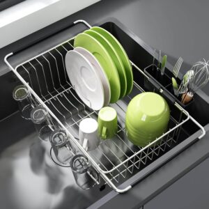 Adjustable JASIWAY in-sink dish drying rack with rustproof steel, cutlery holder, and strong weight capacity.