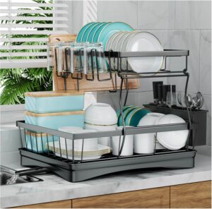 2-tier 7 code dish rack with detachable components, rustproof frame, and 360° swivel draining system.